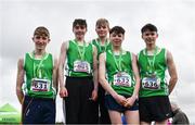 12 March 2022; On the podium after the inter boys race, are,  St Colmans Fermoy, Cork, during the Irish Life Health All-Ireland Schools Cross Country at the City of Belfast Mallusk Playing Fields in Belfast. Photo by Ramsey Cardy/Sportsfile