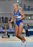 27 February 2022; Molly Scott of St Laurence O'Toole AC, Carlow, reacts after setting a new national record of 7.19 whilst competing in the senior women's 60m during day two of the Irish Life Health National Senior Indoor Athletics Championships at the National Indoor Arena at the Sport Ireland Campus in Dublin. Photo by Sam Barnes/Sportsfile