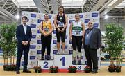 27 February 2022; Minister of State for Sport and the Gaeltacht Jack Chambers TD, left, and Athletics Ireland President John Cronin with women's shot put medallists, Michaela Walsh of Swinford AC, Mayo, gold, Aoibhín McMahon of Blackrock AC, Louth, silver, and Ciara Sheehy of Emerald AC, Limerick, bronze, during day two of the Irish Life Health National Senior Indoor Athletics Championships at the National Indoor Arena at the Sport Ireland Campus in Dublin. Photo by Sam Barnes/Sportsfile
