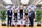 27 February 2022; Minister of State for Sport and the Gaeltacht Jack Chambers TD, left, and Athletics Ireland President John Cronin, right, with women's long jump medallists, Ruby Millet of St Abbans AC, Laois, gold, Saragh Buggy of St Abbans AC, Laois, silver, and Katie Nolke of Ferrybank AC, Waterford, bronze, during day two of the Irish Life Health National Senior Indoor Athletics Championships at the National Indoor Arena at the Sport Ireland Campus in Dublin. Photo by Sam Barnes/Sportsfile
