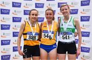 27 February 2022;  Women's 3000m medallists, Sarah Healy of UCD AC, Dublin, gold, Michelle Finn of Leevale AC, Cork, silver, and Niamh Kearney of Raheny Shamrock AC, Dublin, bronze, during day two of the Irish Life Health National Senior Indoor Athletics Championships at the National Indoor Arena at the Sport Ireland Campus in Dublin. Photo by Sam Barnes/Sportsfile