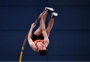 27 February 2022; Ben Connolly of Nenagh Olympic AC, Tipperary, competing in the senior men's Pole Vault during day two of the Irish Life Health National Senior Indoor Athletics Championships at the National Indoor Arena at the Sport Ireland Campus in Dublin. Photo by Sam Barnes/Sportsfile