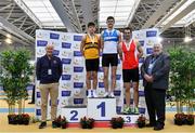 27 February 2022; Athletics Ireland President John Cronin, right, and Rory Friel, Athletics Ireland Irish Schools Representative, left, with men's pole vault medallists, Matthew Callinan Keenan of St Laurence O'Toole, Carlow, gold, Conor Callinan of Leevale AC, gold, and Michael Bowler of Enniscorthy AC, Wexford, bronze, during day two of the Irish Life Health National Senior Indoor Athletics Championships at the National Indoor Arena at the Sport Ireland Campus in Dublin. Photo by Sam Barnes/Sportsfile