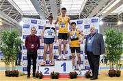 27 February 2022; Athletics Ireland President John Cronin, right, and Athletics Ireland high performance chair Fintan Reilly, left, with men's 1500m medallists, Luke McCann of UCD AC, Dublin, gold, Louis O'Loughlin of Donore Harriers, Dublin, silver, and Kevin McGrath of Bohermeen AC, Cork, bronze, during day two of the Irish Life Health National Senior Indoor Athletics Championships at the National Indoor Arena at the Sport Ireland Campus in Dublin. Photo by Sam Barnes/Sportsfile