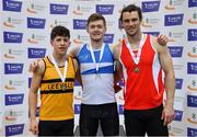 27 February 2022; Men's pole vault medallists, Matthew Callinan Keenan of St Laurence O'Toole, Carlow, gold, Conor Callinan of Leevale AC, gold, and Michael Bowler of Enniscorthy AC, Wexford, bronze, during day two of the Irish Life Health National Senior Indoor Athletics Championships at the National Indoor Arena at the Sport Ireland Campus in Dublin. Photo by Sam Barnes/Sportsfile