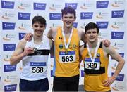 27 February 2022; Men's 1500m medallists, Luke McCann of UCD AC, Dublin, gold, Louis O'Loughlin of Donore Harriers, Dublin, silver, and Kevin McGrath of Bohermeen AC, Cork, bronze, during day two of the Irish Life Health National Senior Indoor Athletics Championships at the National Indoor Arena at the Sport Ireland Campus in Dublin. Photo by Sam Barnes/Sportsfile