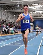 27 February 2022; Eoghan McElhinney of Bantry AC, Cork, competing in the senior men's 3000m during day two of the Irish Life Health National Senior Indoor Athletics Championships at the National Indoor Arena at the Sport Ireland Campus in Dublin. Photo by Sam Barnes/Sportsfile