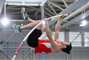 27 February 2022; Michael Bowler of Enniscorthy AC, Wexford, competing in the senior men's Pole Vault during day two of the Irish Life Health National Senior Indoor Athletics Championships at the National Indoor Arena at the Sport Ireland Campus in Dublin. Photo by Sam Barnes/Sportsfile