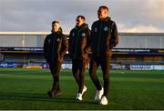 14 March 2022; Shamrock Rovers players, from left, Jack Byrne, Sean Kavanagh and Graham Burke before the SSE Airtricity League Premier Division match between Dundalk and Shamrock Rovers at Oriel Park in Dundalk, Louth. Photo by Ben McShane/Sportsfile