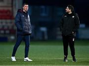14 March 2022; Drogheda United manager Kevin Doherty, left, and Derry City manager Ruaidhrí Higgins before the SSE Airtricity League Premier Division match between Derry City and Drogheda United at The Ryan McBride Brandywell Stadium in Derry. Photo by Ramsey Cardy/Sportsfile