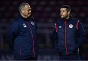 14 March 2022; St Patrick's Athletic manager Tim Clancy, right, and St Patrick's Athletic technical director Alan Matthews before the SSE Airtricity League Premier Division match between St Patrick's Athletic and UCD at Richmond Park in Dublin. Photo by Piaras Ó Mídheach/Sportsfile