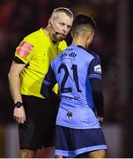 14 March 2022; 14 March 2022; Referee Ray Matthews has a word with Sean Brennan of UCD during the SSE Airtricity League Premier Division match between St Patrick's Athletic and UCD at Richmond Park in Dublin. Photo by Piaras Ó Mídheach/Sportsfile