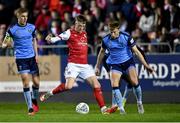 14 March 2022; Chris Forrester of St Patrick's Athletic in action against Jack Keaney, left, and Sam Todd of UCD during the SSE Airtricity League Premier Division match between St Patrick's Athletic and UCD at Richmond Park in Dublin. Photo by Piaras Ó Mídheach/Sportsfile
