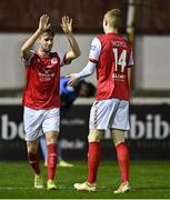 14 March 2022; Mark Doyle of St Patrick's Athletic, 14, celebrates with teammate Billy King after scoring their side's second goal during the SSE Airtricity League Premier Division match between St Patrick's Athletic and UCD at Richmond Park in Dublin. Photo by Piaras Ó Mídheach/Sportsfile