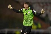 14 March 2022; Shelbourne goalkeeper Lewis Webb celebrates after his side scored their first goal during the SSE Airtricity League Premier Division match between Bohemians and Shelbourne at Dalymount Park in Dublin. Photo by Brendan Moran/Sportsfile