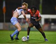 14 March 2022; Promise Omochere of Bohemians is tackled by Aaron O’Driscoll of Shelbourne during the SSE Airtricity League Premier Division match between Bohemians and Shelbourne at Dalymount Park in Dublin. Photo by Brendan Moran/Sportsfile