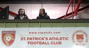 14 March 2022; St Patrick's Athletic director of football Ger O'Brien, left, and St Patrick's Athletic head of media Jamie Moore commentating at the SSE Airtricity League Premier Division match between St Patrick's Athletic and UCD at Richmond Park in Dublin. Photo by Piaras Ó Mídheach/Sportsfile