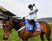 15 March 2022; Jockey Nico de Boinville celebrates on Constitution Hill after winning the Sky Bet Supreme Novices' Hurdle during day one of the Cheltenham Racing Festival at Prestbury Park in Cheltenham, England. Photo by David Fitzgerald/Sportsfile
