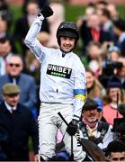 15 March 2022; Jockey Nico de Boinville celebrates after winning the Sky Bet Supreme Novices' Hurdle, on Constitution Hill, during day one of the Cheltenham Racing Festival at Prestbury Park in Cheltenham, England. Photo by David Fitzgerald/Sportsfile