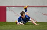 15 March 2022; Jed O'Dwyer of Crescent College Comprehensive scores his side's second try during the Munster Rugby Schools Senior Cup Final match between Crescent College Comprehensive, Limerick, and Presentation Brothers College, Cork, at Thomond Park in Limerick. Photo by Harry Murphy/Sportsfile