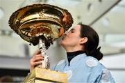 15 March 2022; Jockey Rachael Blackmore celebrates after winning the Unibet Champion Hurdle Challenge Trophy, on Honeysuckle, during day one of the Cheltenham Racing Festival at Prestbury Park in Cheltenham, England. Photo by Seb Daly/Sportsfile