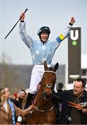 15 March 2022; Jockey Rachael Blackmore celebrates after riding Honeysuckle to victory in the Unibet Champion Hurdle Challenge Trophy during day one of the Cheltenham Racing Festival at Prestbury Park in Cheltenham, England. Photo by Seb Daly/Sportsfile