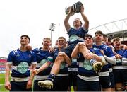 15 March 2022; Crescent College Comprehensive captain Conall Henchy is lifted by teammates with the trophy after the Munster Rugby Schools Senior Cup Final match between Crescent College Comprehensive, Limerick, and Presentation Brothers College, Cork, at Thomond Park in Limerick. Photo by Harry Murphy/Sportsfile
