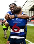 15 March 2022; Max Clein and Henry Ezomo of Crescent College Comprehensive celebrate after their side's victory in the Munster Rugby Schools Senior Cup Final match between Crescent College Comprehensive, Limerick, and Presentation Brothers College, Cork, at Thomond Park in Limerick. Photo by Harry Murphy/Sportsfile