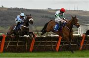 15 March 2022; Queens Brook, right, with Jack Kennedy up, leads eventual winner Marie's Rock, with Nico de Boinville up, over the last on their way to finishing second in the Close Brothers Mares' Hurdle during day one of the Cheltenham Racing Festival at Prestbury Park in Cheltenham, England. Photo by Seb Daly/Sportsfile
