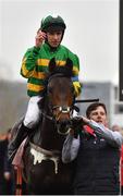 15 March 2022; Jockey Mark Walsh, groom Ian Queally and Brazil after winning the Boodles Juvenile Handicap Hurdle during day one of the Cheltenham Racing Festival at Prestbury Park in Cheltenham, England. Photo by Seb Daly/Sportsfile