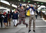 16 March 2022; Racegoers Ash Robinson, left, and Paul Norfolk arrive for day two of the Cheltenham Racing Festival at Prestbury Park in Cheltenham, England. Photo by David Fitzgerald/Sportsfile