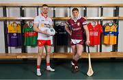 16 March 2022; To celebrate 30 years of the Allianz Leagues, six counties will wear once off retro jerseys inspired by those worn in the first season of Allianz’s sponsorship of the competition. The kits will be worn this weekend by Tyrone and Mayo in football along with Galway, Clare, Wexford and Cork in hurling. Fans can enter a draw to win a signed retro jersey with all proceeds going to Allianz’s charity partner Women’s Aid. To enter the raffle simply visit www.idonate.ie/raffle/AllianzWomensAid Pictured at the launch of the Allianz retro jerseys in Croke Park are Tyrone footballer Cathal McShane, left, and Galway hurler Conor Whelan. Photo by Brendan Moran/Sportsfile