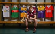 16 March 2022; To celebrate 30 years of the Allianz Leagues, six counties will wear once off retro jerseys inspired by those worn in the first season of Allianz’s sponsorship of the competition. The kits will be worn this weekend by Tyrone and Mayo in football along with Galway, Clare, Wexford and Cork in hurling. Fans can enter a draw to win a signed retro jersey with all proceeds going to Allianz’s charity partner Women’s Aid. To enter the raffle simply visit www.idonate.ie/raffle/AllianzWomensAid Pictured at the launch of the Allianz retro jerseys in Croke Park is Galway hurler Conor Whelan. Photo by Brendan Moran/Sportsfile