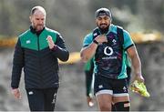16 March 2022; Assistant coach Mike Catt and Bundee Aki arrive for Ireland rugby squad training at Carton House in Maynooth, Kildare. Photo by Piaras Ó Mídheach/Sportsfile
