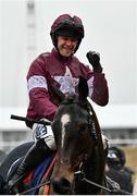 16 March 2022; Jockey Shane Fitzgerald celebrates after riding Commander Of Fleet to victory in the Coral Cup Handicap Hurdle on day two of the Cheltenham Racing Festival at Prestbury Park in Cheltenham, England. Photo by David Fitzgerald/Sportsfile