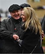 16 March 2022; Trainer Gordon Elliott celebrates with Anita O'Leary, wife of owner Michael O'Leary, after their horse Commander Of Fleet won the Coral Cup Handicap Hurdle on day two of the Cheltenham Racing Festival at Prestbury Park in Cheltenham, England. Photo by David Fitzgerald/Sportsfile