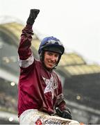 16 March 2022; Jockey Jack Kennedy celebrates after winning the Glenfarclas Cross Country Chase, with Delta Work, on day two of the Cheltenham Racing Festival at Prestbury Park in Cheltenham, England. Photo by Seb Daly/Sportsfile