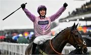 16 March 2022; Jockey Kielan Woods celebrates after riding Global Citizen to victory in the Johnny Henderson Grand Annual Challenge Cup Handicap Chase on day two of the Cheltenham Racing Festival at Prestbury Park in Cheltenham, England. Photo by David Fitzgerald/Sportsfile