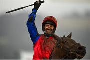 16 March 2022; Jockey Patrick Mullins celebrates after riding Facile Vega to victory in the Weatherbys Champion Bumper on day two of the Cheltenham Racing Festival at Prestbury Park in Cheltenham, England. Photo by Seb Daly/Sportsfile