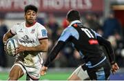 4 March 2022; Robert Baloucoune of Ulster in action against Aled Summerhill of Cardiff during the United Rugby Championship match between Ulster and Cardiff at Kingspan Stadium in Belfast. Photo by Piaras Ó Mídheach/Sportsfile