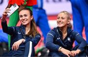 17 March 2022; Sharlene Mawdsley, left, and Sarah Lavin, both of Ireland, take a selfie during the official team training session ahead of the World Indoor Athletics Championships at the Štark Arena in Belgrade, Serbia. Photo by Sam Barnes/Sportsfile