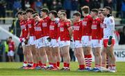 13 March 2022; The Cork team stand for Amhrán na bhFiann before the Allianz Football League Division 2 match between Meath and Cork at Páirc Táilteann in Navan, Meath. Photo by Brendan Moran/Sportsfile