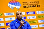 17 March 2022; Lamont Marcell Jacobs of Italy speaking at a press conference ahead of the World Indoor Athletics Championships at the Štark Arena in Belgrade, Serbia. Photo by Sam Barnes/Sportsfile