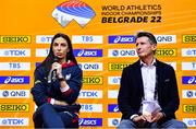 17 March 2022; Ivana Vuleta of Serbia, left, and World Athletics President Sebastian Coe in attendance during a press conference ahead of the World Indoor Athletics Championships at the Štark Arena in Belgrade, Serbia. Photo by Sam Barnes/Sportsfile