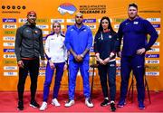 17 March 2022; Athletes, from left, Damian Warner of Canada, Keely Hodgkinson of Great Britain, Lamont Marcell Jacobs of Italy, Ivana Vuleta of Serbia, and Ryan Crouser of USA  during a press conference ahead of the World Indoor Athletics Championships at the Štark Arena in Belgrade, Serbia. Photo by Sam Barnes/Sportsfile
