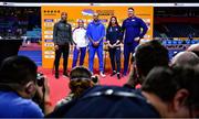 17 March 2022; Athletes, from left, Damian Warner of Canada, Keely Hodgkinson of Great Britain, Lamont Marcell Jacobs of Italy, Ivana Vuleta of Serbia, and Ryan Crouser of USA  during a press conference ahead of the World Indoor Athletics Championships at the Štark Arena in Belgrade, Serbia. Photo by Sam Barnes/Sportsfile