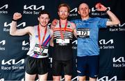 17 March 2022; Top three male finishers, from left, Paul O'Donnell of Dundrum South Dublin AC, second, Sean Tobin of Clonmel AC, Tipperary, first, and William Maunsell of Clonmel AC, Tipperary, third, after the Kia Race Series 5k of Portlaoise in Laois. Photo by Ben McShane/Sportsfile