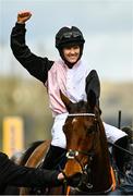 17 March 2022; Jockey Rachael Blackmore celebrates after riding Bob Olinger to victory in the Turners Novices' Chase on day three of the Cheltenham Racing Festival at Prestbury Park in Cheltenham, England. Photo by Seb Daly/Sportsfile