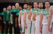 27 February 2022; Ireland captain Kyle Hosford stands with his teammates for the national anthems before the FIBA EuroBasket 2025 Pre-Qualifiers First Round Group A match between Ireland and Cyprus at the National Basketball Arena in Tallaght, Dublin. Photo by Brendan Moran/Sportsfile
