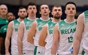 27 February 2022; Conor Quinn of Ireland stands with his teammates for the national anthems before the FIBA EuroBasket 2025 Pre-Qualifiers First Round Group A match between Ireland and Cyprus at the National Basketball Arena in Tallaght, Dublin. Photo by Brendan Moran/Sportsfile